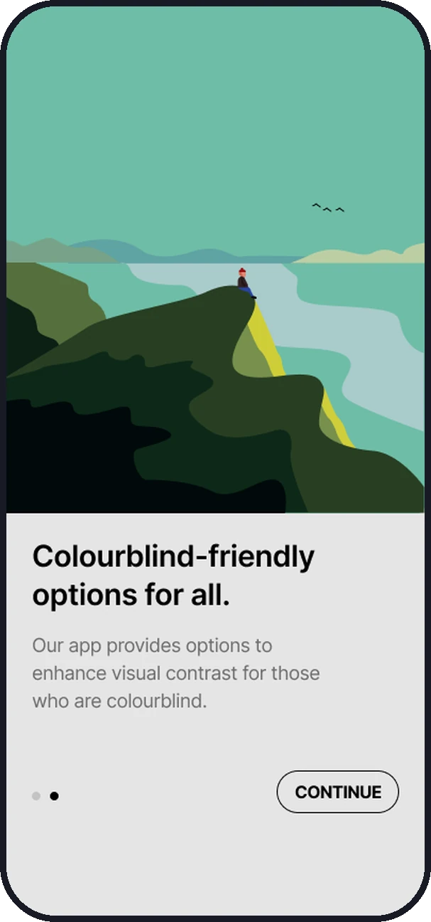 The orbit onboarding screen offering colourblind-friendly options