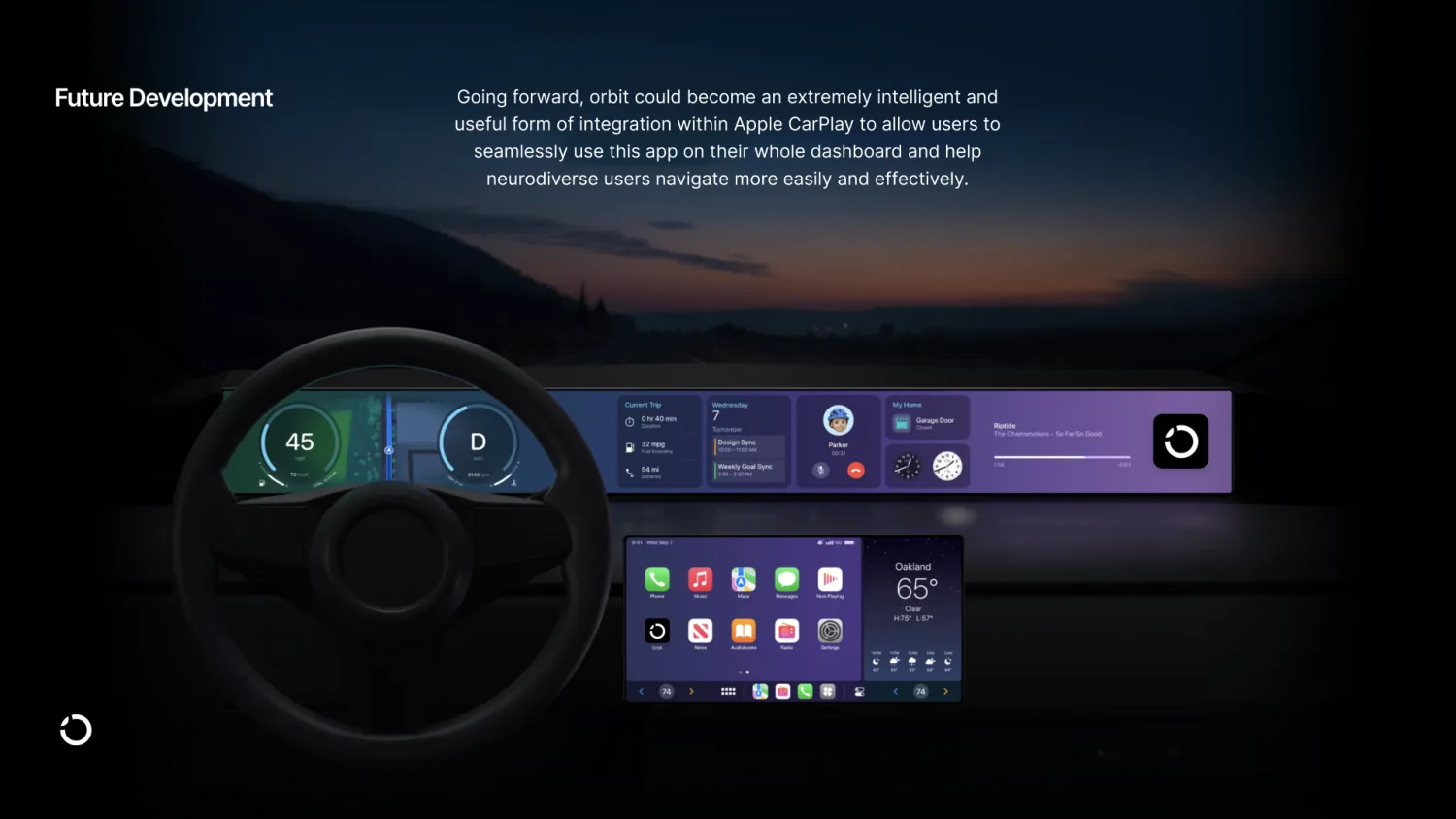 A concept of orbit running across a car dashboard through Apple CarPlay