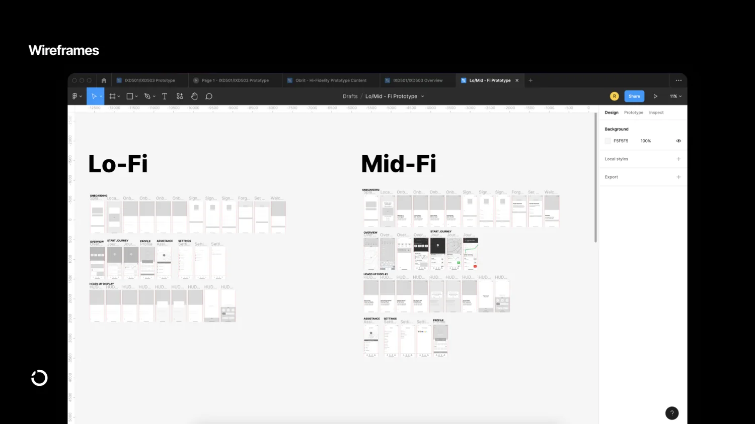 Lo-fi and mid-fi wireframes of the orbit app in Figma